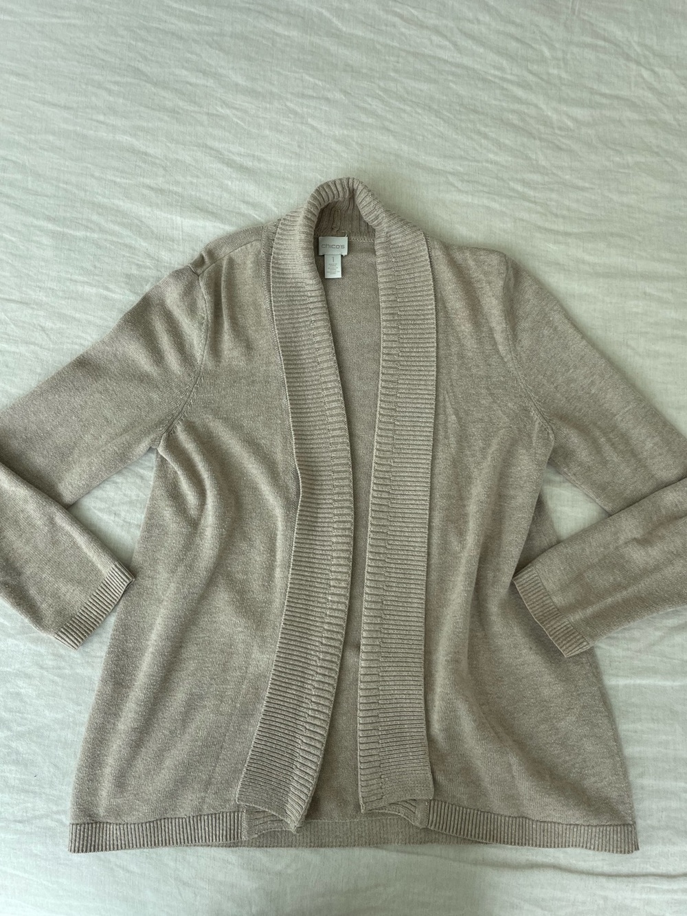 Chico’s Light Taupe Open-Front Shawl Collar Sweater Cardigan